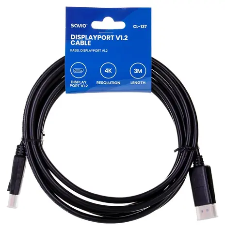Savio CL-137 schwarz / DisplayPort-Kabel / Stecker auf Stecker / 3 m / max. 4K