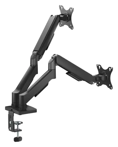 Schwarzer Equip -Tischhalter für zwei Monitore (17-32 Zoll), Tragkraft 9 kg, VESA 75-100 mm, 360° drehbar