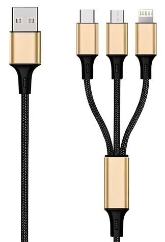 2GO 3-in-1-Kabel, schwarz/gold, Ladekabel (USB-A auf USB-C, Micro-USB, Lightning), 1,5 m, 3 A
