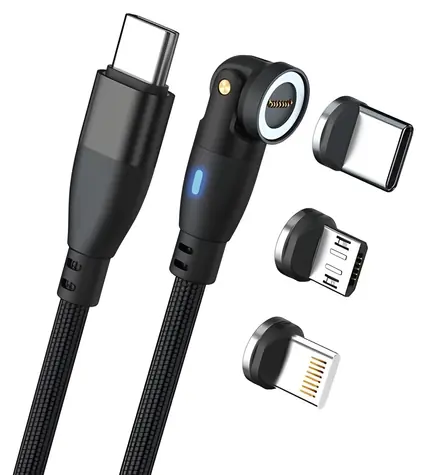 RealPower Magnetisches 100W Netzteil schwarz / Magnetisches Ladekabel USB-C / 100 W PD / 1 m / Lightning- und Micro-USB-Adapter