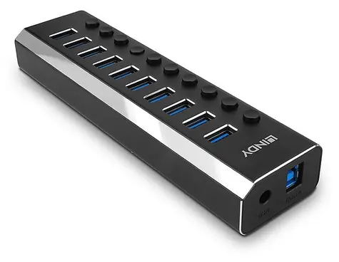 Lindy 10 Port USB 3.0 Hub, schwarz / Hub / Port-Umschalter / Netzteil 12V/3A