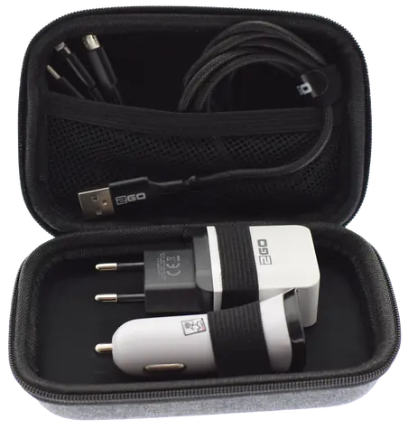 2GO All-in-One / 3-in-1 Reise-Ladeset / Netz- und Autoladegerät / Micro-USB-, USB-C- und Lightning-Kabel