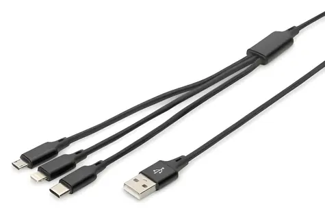 Digitus USB-A 3-in-1-Ladekabel, schwarz / Lightning, Micro-USB, USB-C / 1 m / Baumwollgeflecht