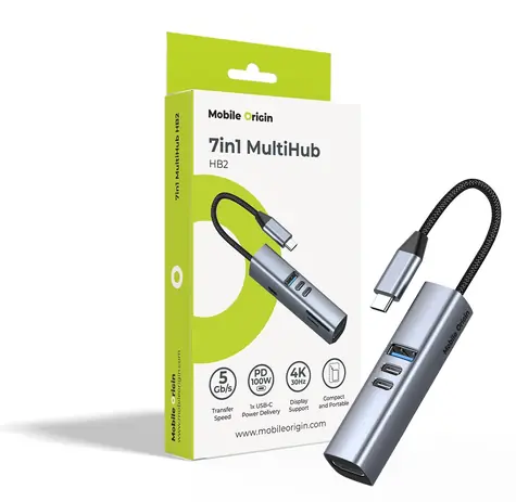 Mobile Origin HB2 Space Grau / USB-C-Hub / 7-in-1 / HDMI 4K/30Hz / USB-C PD 100W / SD/TF-Kartenleser