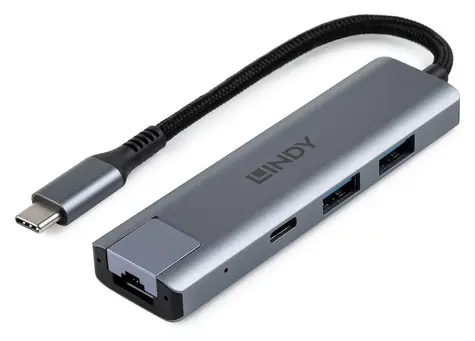 Lindy USB-C-Hub mit LAN-Anschluss, grau / Hub / USB 3.2 Gen 2 / 2x USB-A / RJ45