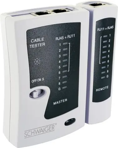 Schwaiger Kabeltester RJ45/RJ11 weiß / Kabeltester / RJ-45 & RJ-11 / LED-Anzeige