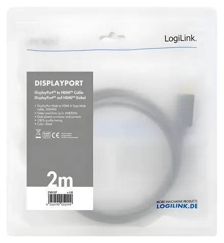 LogiLink DisplayPort - HDMI schwarz / Adapterkabel / 4K/30Hz / 2 m