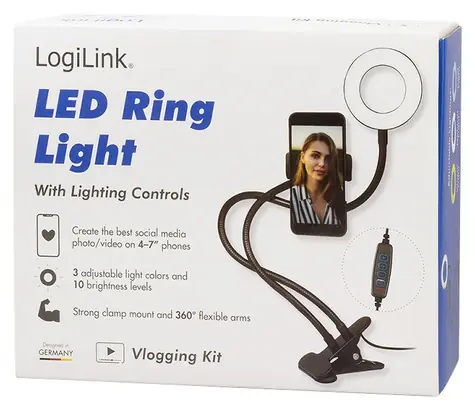 LogiLink LED-Ringlicht mit Handyhalterung, schwarz / LED-Ringlicht / 24 LEDs /  8,5 cm / USB / max. 7"-Display