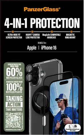 PanzerGlass Bundle Hoops für iPhone 16 / Schutzset / UWF-Schutzglas + Hartschalenetui + Magnetringhalterung