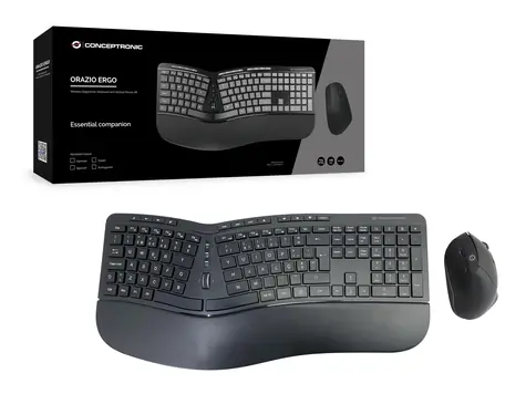 Conceptronic ERGO PT schwarz / Kabellose Tastatur und Maus / Ergonomisch / 2,4 GHz / PT-Layout