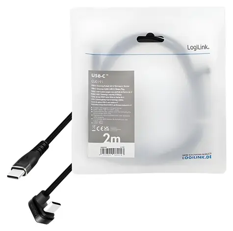 LogiLink USB-C - 2 m langes, schwarzes USB-C-Kabel (Stecker 180°) - USB-C (Stecker) - geflochtenes Kabel (USB 2.0, PD 60 W)