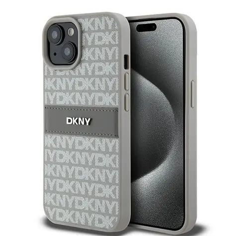 DKNY Leder Mono Stripe Beige / Rückseite / iPhone 15 PLUS, iPhone 14 PLUS / Logo