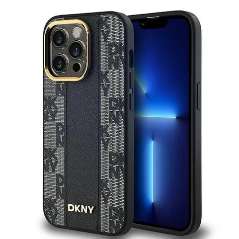 DKNY Lederhülle mit Karomuster, MagSafe, schwarz / iPhone 14 Pro Max