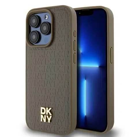 DKNY Leder-Monogramm-Muster, Logo , braun / MagSafe-Rückseite / Apple iPhone 15 Pro
