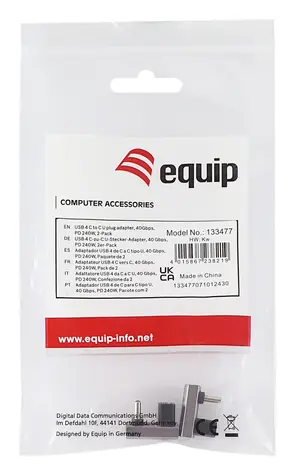 Equip 133477 schwarz/grau / USB-C Adapter / USB4 Gen 4 / 40 Gbit/s / PD 240W / abgewinkelt 180° / 2 Stück.