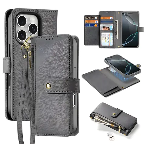 Dux Ducis Lawa iPhone 16 Pro graue Hülle / Leder / herausnehmbare Brieftasche / magnetisch