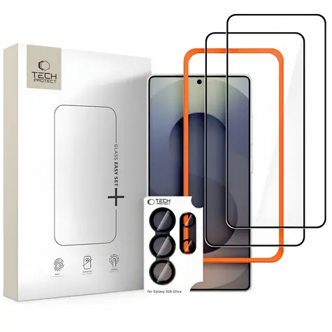 Tech-Protect Easy Set+ schwarz / Gehärtetes Glas / Samsung Galaxy S26 Ultra / 3 Stück
