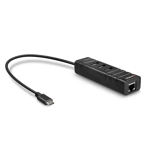 Lindy USB-C-Hub mit Gigabit-LAN, schwarz / USB-Hub / USB 3.2 Gen 1 / 3x USB-A / RJ45
