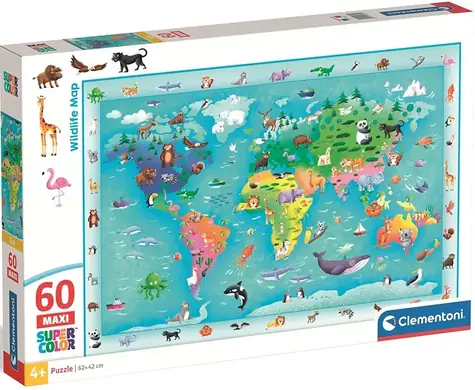 Clementoni Puzzle-Weltkarte mit Tieren MAXI / 60 Teile / ab 4 Jahren