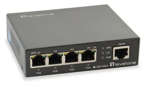 LevelOne GEP-0523 / Switch / Unmanaged / 5x GbE / 4X PoE+ Ports / 60W PoE / Metallgehäuse