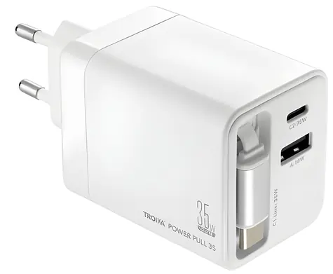Troika POWER PULL 35 weiß / Ladegerät / GaN / USB-C + USB-A / 35W PD / einziehbares USB-C-Kabel