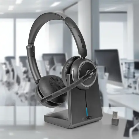 Lindy L118 schwarz / Kabelloses Headset / Bluetooth 5.2 / Dockingstation / 25 Stunden Akkulaufzeit
