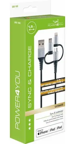 Schwaiger 3-in-1 schwarz-silbernes Ladekabel / USB-A auf Micro-USB, Lightning, USB-C / 1,5 m / 3 A