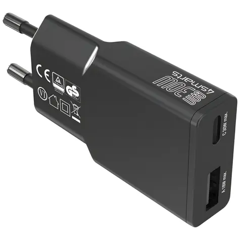 4smarts FlatPlug Duos schwarz / Wandladegerät / GaN / USB-C + USB-A / 30 W