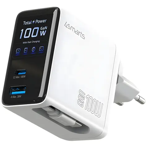 4smarts GaN Flex Screen AI 100W weiß / Ladegerät / GaN / 2x USB-C, 1x USB-A / Display