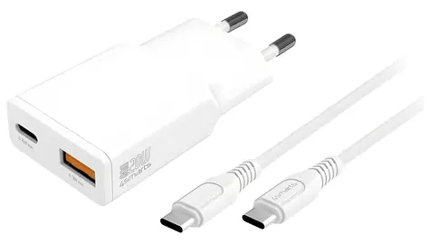 4smarts PDPlug Slim Duos weiß / Netzladegerät / GaN / USB-C + USB-A / 20 W / USB-C-Kabel 1,5 m
