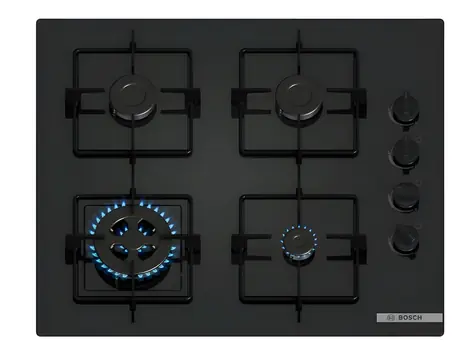 POH6B6K30 schwarz / Gaskochfeld / Glasoberfläche / Einbaugerät / 4 Brenner / Elektronische Zündung / 60 cm