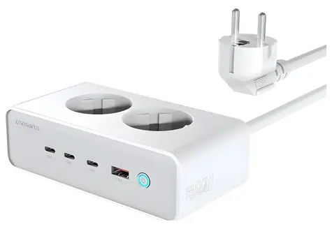 4smarts 6-in-1 65W GaN weiß / Ladestation / 3x USB-C PD / USB-A / 2x Netzsteckdose