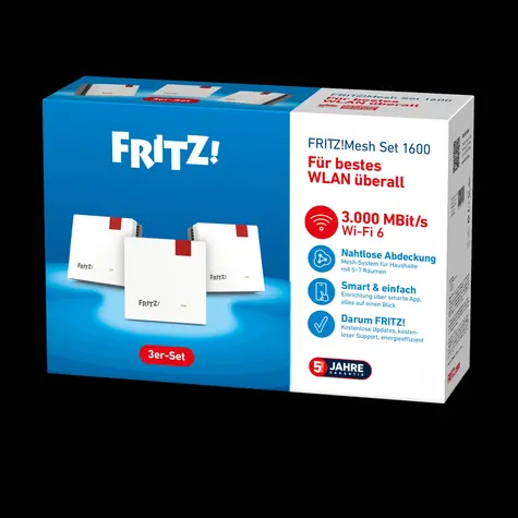 AVM FRITZ! Mesh Set 1600 weiß / Repeater / Wi-Fi 6 / 3000 Mbit/s / Mesh / 3er-Set / Gigabit-LAN