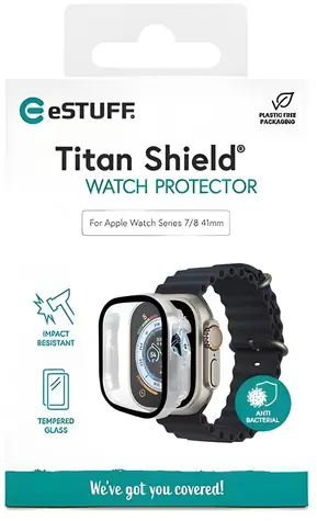 eSTUFF TitanShield für Apple Watch Series 7/8 41 mm / Schutzglas / Gehärtetes Glas / Vollständige Abdeckung