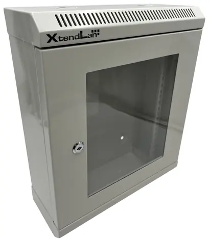 Xtendlan Schrank 10" 9U 140×350 mm grau / Wandschrank / Glastür / Tragfähigkeit 50 kg