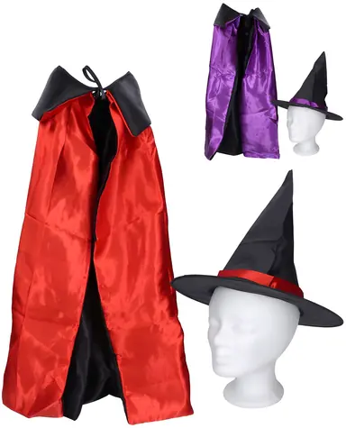 WIKY Hexenhut mit Umhang / Karnevalsaccessoire / rot, lila / Textil / ab 3 Jahren