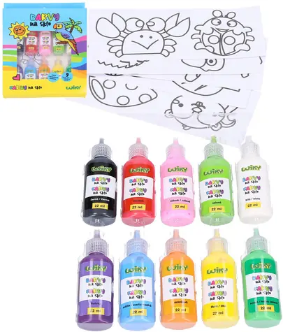 WIKY Glasfarben / 9 x 22 ml + schwarze Kontur / Schablonen / ab 3 Jahren