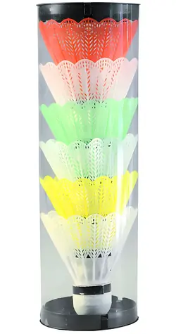 Badminton-Federbälle, weiß und farbig / 6 Stück / Kunststoff / in einer Röhre / 8 cm