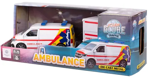 KIDS GLOBE Verkehrsauto VW Transporter Krankenwagen mit Anhänger / Auto mit Anhänger / 27,5 cm / Metall, Kunststoff / ab 3 Jahren