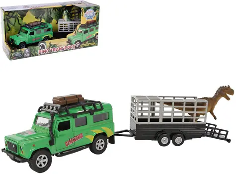 KIDS GLOBE Traffic Land Rover mit Anhänger und Dinosaurier / Auto mit Anhänger / 28 cm / Metall / ab 3 Jahren