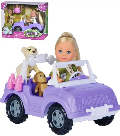 Simba Evička Safari Puppe / 12 cm / mit Auto, Affe, Löwe und Fernglas / ab 3 Jahren