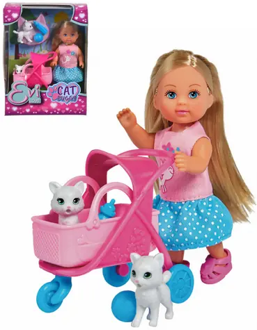 Simba Puppe Evička Katzenmama / 12 cm / mit Kinderwagen und 2 Kätzchen / ab 3 Jahren