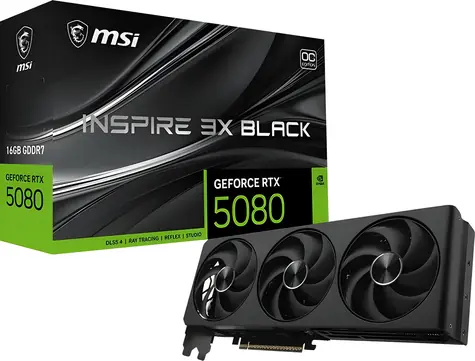 MSI GeForce RTX 5080 16G INSPIRE 3X OC Schwarz / Grafikkarte / Nvidia / 16 GB GDDR7 / 256 Bit / 1x HDMI + 3x DP