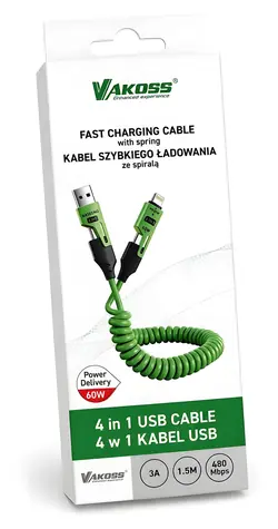 Vakoss MLU680G grün / Lade- und Datenkabel 4-in-1 / USB-C / USB-A / Lightning / 60 W / 1,5 m