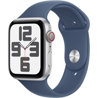 Apple Watch SE (2024) GPS + Cellular 44 mm silbernes Aluminiumgehäuse - Denim-Sportarmband S/M / 140-190 mm