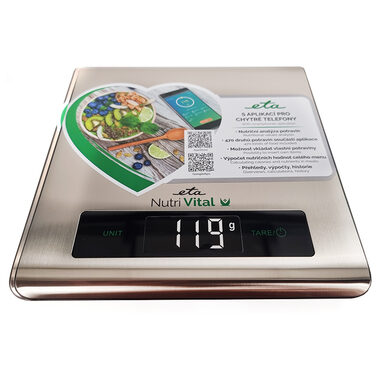 ETA ETA777790000 Vital Edelstahl / Küchenwaage / Maximale Kapazität 5 kg / Genauigkeit 1 g / LCD-Display / Stromversorgung 2x 3V (CR2032) 