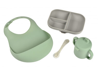 Beaba Silikon-Ess-Set 4-teilig mit Lätzchen Grau/ Sage