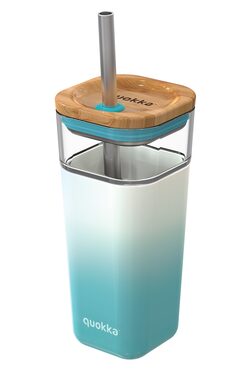 Quokka Glas-Reisebecher mit Strohhalm, flüssiger Würfel, blaugrüner Farbverlauf, 540 ml