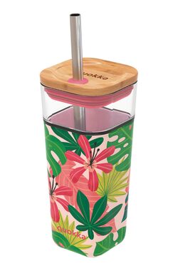 Quokka Glas-Reisebecher mit Strohhalm, Liquid Cube, Pink Jungle Flora, 540 ml