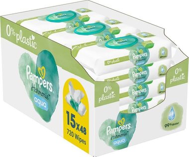 Pampers Harmonie Aqua Plastic Free Feuchttücher 720Stk (15 x 48 Stk)